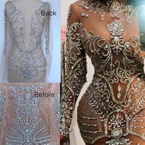 1Set/2 PC Silver White Beaded Lace Applique,Gorgeous Lace Fabric,Wedding Dress Applique,Bridal Dress,Beaded Lace,Wedding Dress,Prom Dress