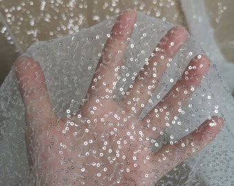 1Yard Super Shiny Crystal Clear Sequin Lace,2MM Mini Transparent Embroidery Sequin Fabric,Wedding Bridal Dress Gown Decor,Bridal Veil Gauze