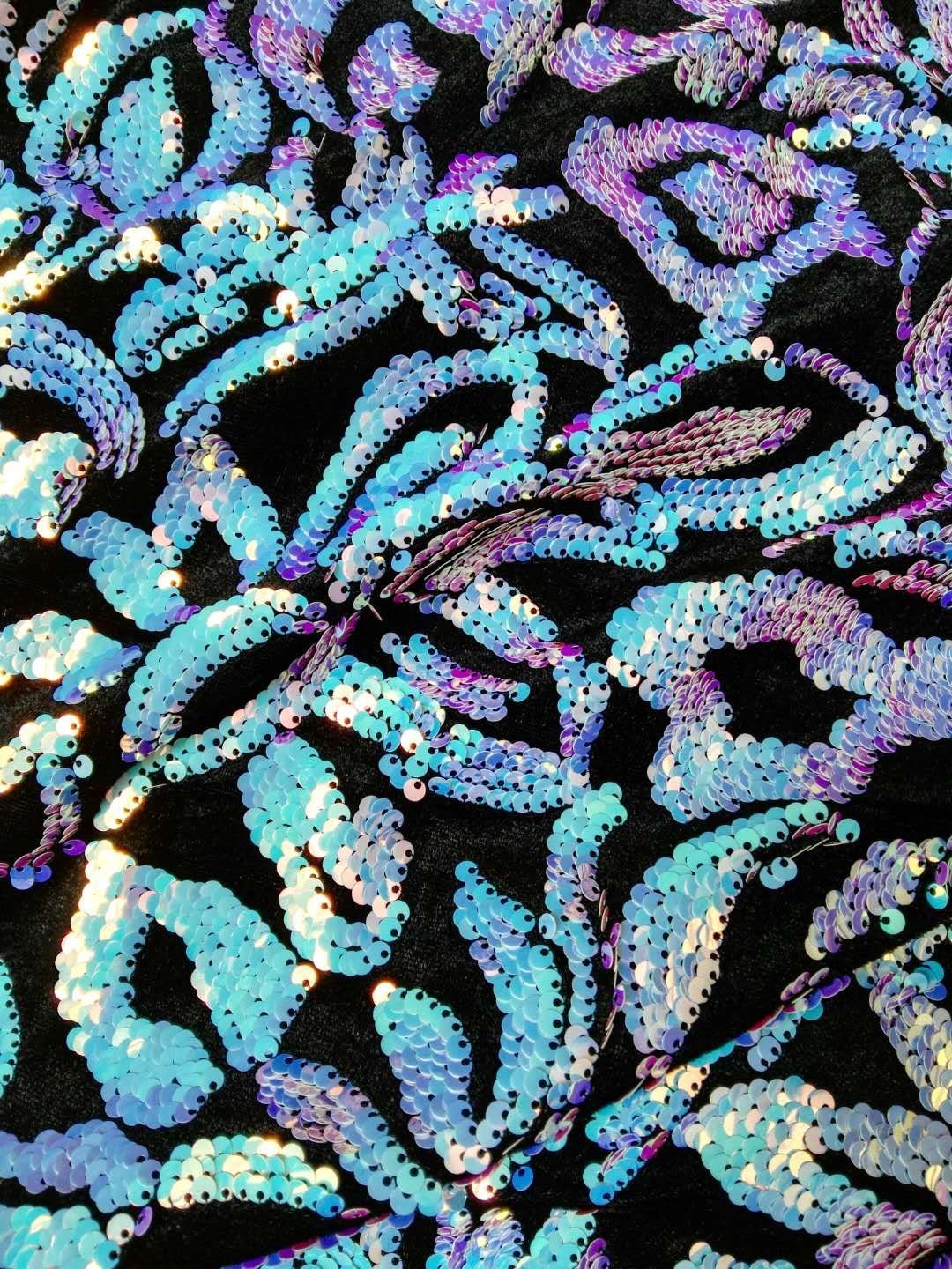 Sequine Color New!!1yard Iridescent Floral Velvet Sequin Fabric,2way Stretch High ...