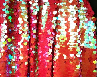 Iridescent Red Sequin Fabric,18MM Round Dangling Drop Sequin,Mermaid Sequin Fabric,Sparkle Kimono Paillette Fabric,Prom Party Dress