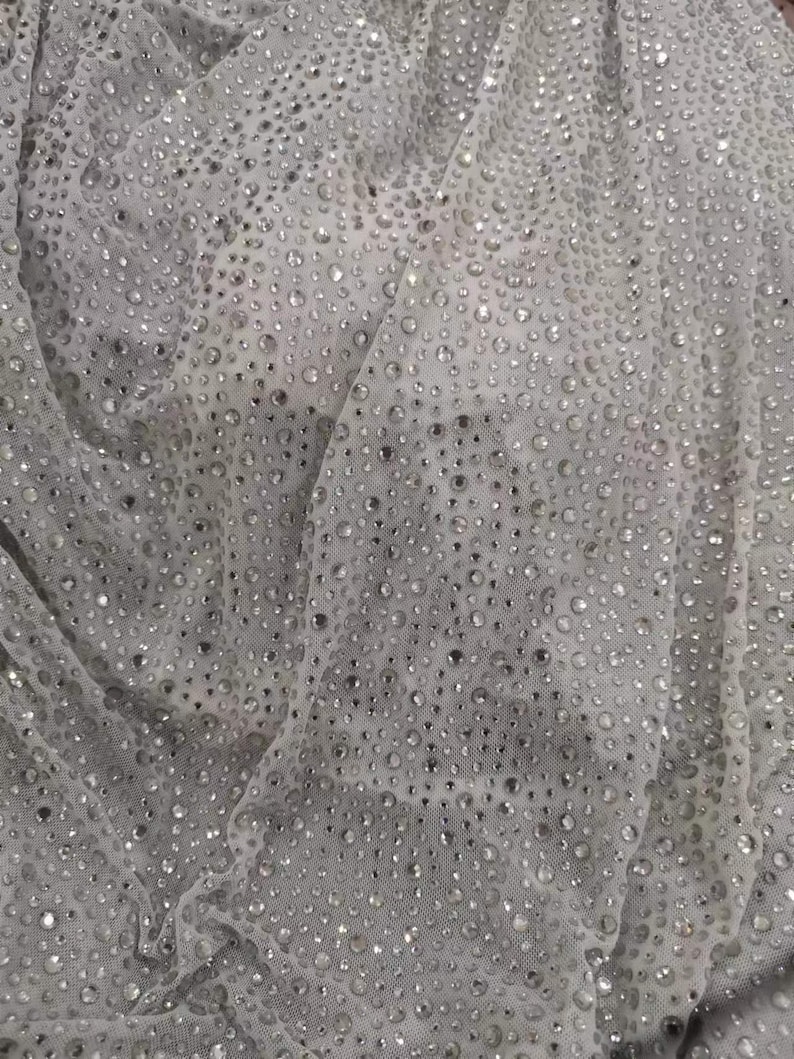 4Way Stretch Heavy Crystal Rhinestone Fabric,Crystal Silver Rhinestone Stick on Soft Tulle,Sparkle Bead Lace,Party Dress,Prom Party Dress image 7