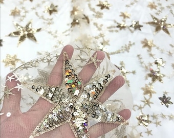 1Yard Sequin Star Lace Fabric,Embroidery Sequin Fabric,Star Sequin Dress,Bridal Wedding Dress Fabric by the Yard,Flower Lace Fabric,