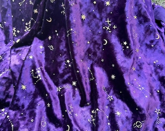 Purple Star Velvet Fabric,4Way Stretch Starry Sky Universe  Silk Diamond Velvet with Gold Star Moon Meteor,Velvet Dress Curtain Home Decor
