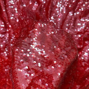 May include: Close-up of red fabric with iridescent sequins. The sequins are small and round, and they create a shimmering effect.
