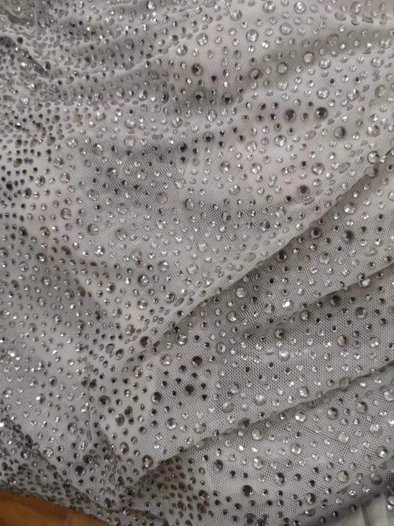 4Way Stretch Heavy Crystal Rhinestone Fabric,Crystal Silver Rhinestone Stick on Soft Tulle,Sparkle Bead Lace,Party Dress,Prom Party Dress image 3