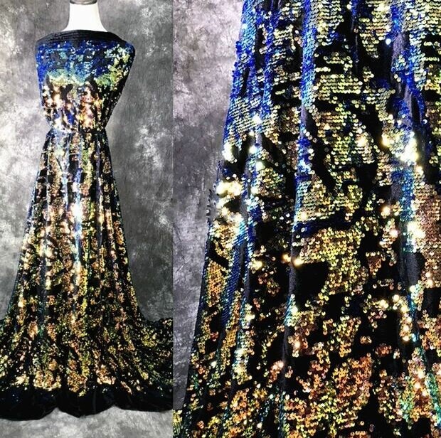 New!1 Yard 2-Way Stretch 2Tone Mermaid Sequin Fabric,Iridescent/Blue Sequins Embroidery on High Quality Soft Velvet Fabric as Map Pattern,