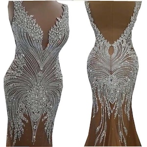 1Set of 2 Pieces Silver Beaded Lace Applique,Gorgeous Lace Fabric,Wedding Dress Applique,Bridal Dress,Beaded Lace FabricWedding Prom Dress