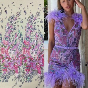 Floral Sequin Fabric,Colorful Flower Lace Fabric,Sequin Dress Fabric,Heavy Embroidery Flower Lace Fabric,Prom Dress,Party Dress,Girl Dress