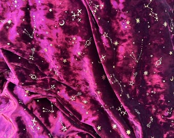 Wine Red Starry Sky Velvet Fabric,4Way Stretch Purple Red Velvet with Gold Star Moon Meteor,Space Gold Star Moon Velvet,Curtain Decor Velvet