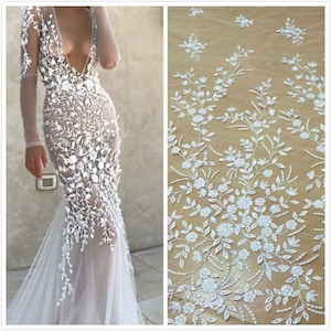 1 Yard Hoge Kwaliteit Off-White Sequin Lace Fabric, Guipure Lace, Bruidsjurk, Borduurwerk Franse Kant, Trouwjurk Kant, Vintage Lace Fabric