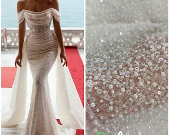 Magnifique 1 mètre, 2 styles de perles blanc cassé et 2 styles, tissu de dentelle à sequins blanc transparent, tissu de dentelle de perles blanc cassé, robe de mariée,
