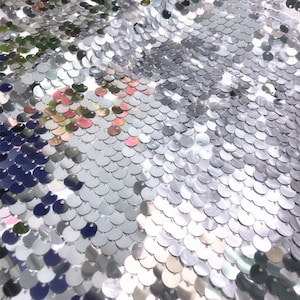 1 Yard Silver Sequin Fabric,9MM Sparkly Round Sequins on Mesh for Dress Costumes,Sequin Backdrop,Wholesale Fabric,Wedding Dress