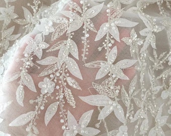 1 Yard 3D Flower Beaded Lace Fabric,White Pearl Wedding Dress,Leaf Embroidery Bridal Wedding Dress Lace,Floral Lace Fabric,Prom Dress,