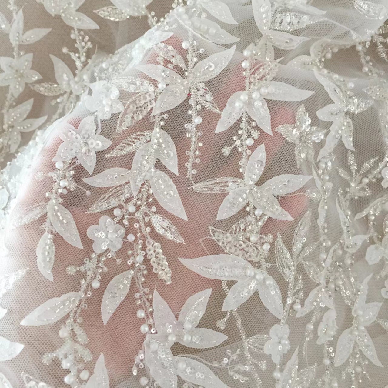 thumbnail image 2 of White Beaded Floral Lace Fabric By The Yard – Embroidered Sequin Lace – Divas Textiles (Width 46-59", 36"x52" Square) 2 of 6