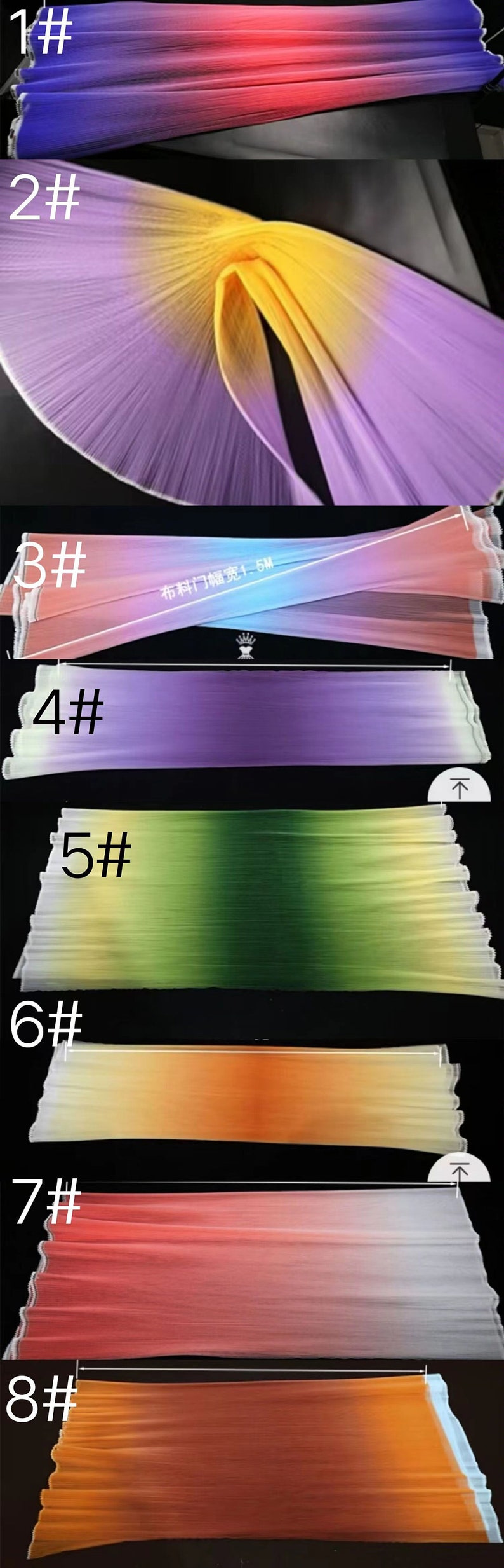 Peut inclure: Huit couleurs diff&eacute;rentes de tissu ombr&eacute;, chacune avec un d&eacute;grad&eacute; de couleur. Le tissu est pliss&eacute; et a un bord blanc. Le tissu mesure 1,5 m&egrave;tre de large.
