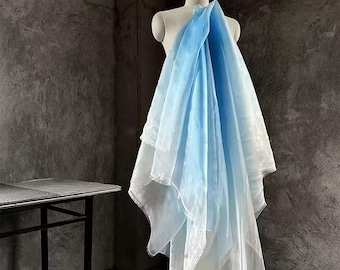 Light Blue Ombre Crystal Water Shiny Organza Fabric,Gradient Double Side Overstain Stiff Gauze Mesh Fabric for Prom Party Bridal Dress Gown