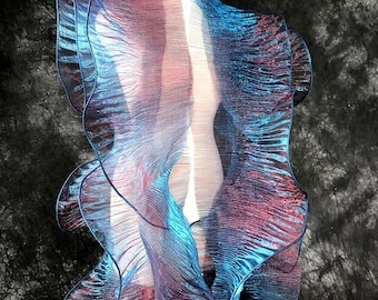 Iridescent Blue Red Organza Lotus Lace Trim,Gold Blue Clear Fabric,Gold Tulle Fabric,3D Fabala Wave Lace,Holographic Pleated Trim 39Colors