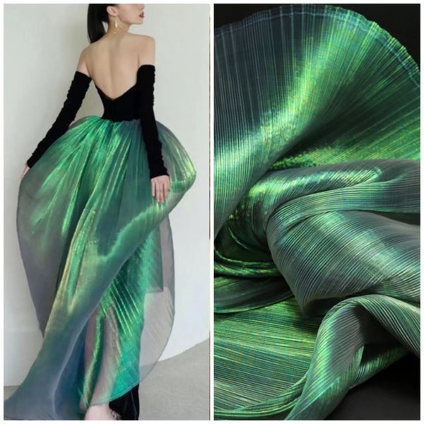 1Yard Meramid Pleated Organza Fabric,Stiff and Smooth Iridescent Organza,Gown,Craft,Stiff shape and Texture Decor,Costume Designer Fabric