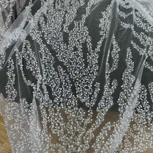 Heavy Beads Pearls Lace Fabric,2Style Beads&2Style Sequins Were Embroidered in Mesh,Crystal Flower Beads Lace,Wedding Bridal Dress Lace