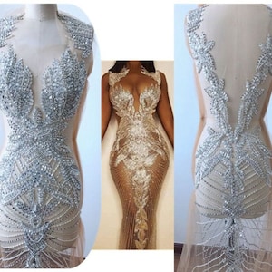 1Set of 2 Pieces Silver Beaded Lace Applique,Gorgeous Lace Fabric,Wedding Dress Applique,Bridal Dress,Beaded Lace FabricWedding Prom Dress