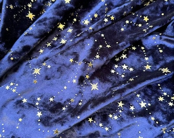 Navy Blue Star Velvet Fabric,4Way Stretch Starry Universe Soft Smooth Silk Diamond Velvet with Gold Star Moon Meteor,Prom Party Velvet Dress