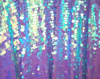 Tela de lentejuelas de sirena morada iridiscente, tela de lentejuelas colgantes redondas de 18 mm para vestido de sirena de baile de graduación, decoración de fondo de fiesta