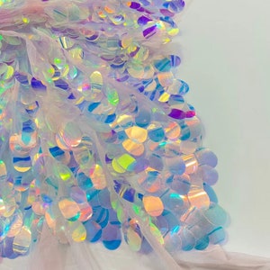 May include: White iridescent sequins on a sheer mesh fabric. The sequins are round and have a holographic finish.