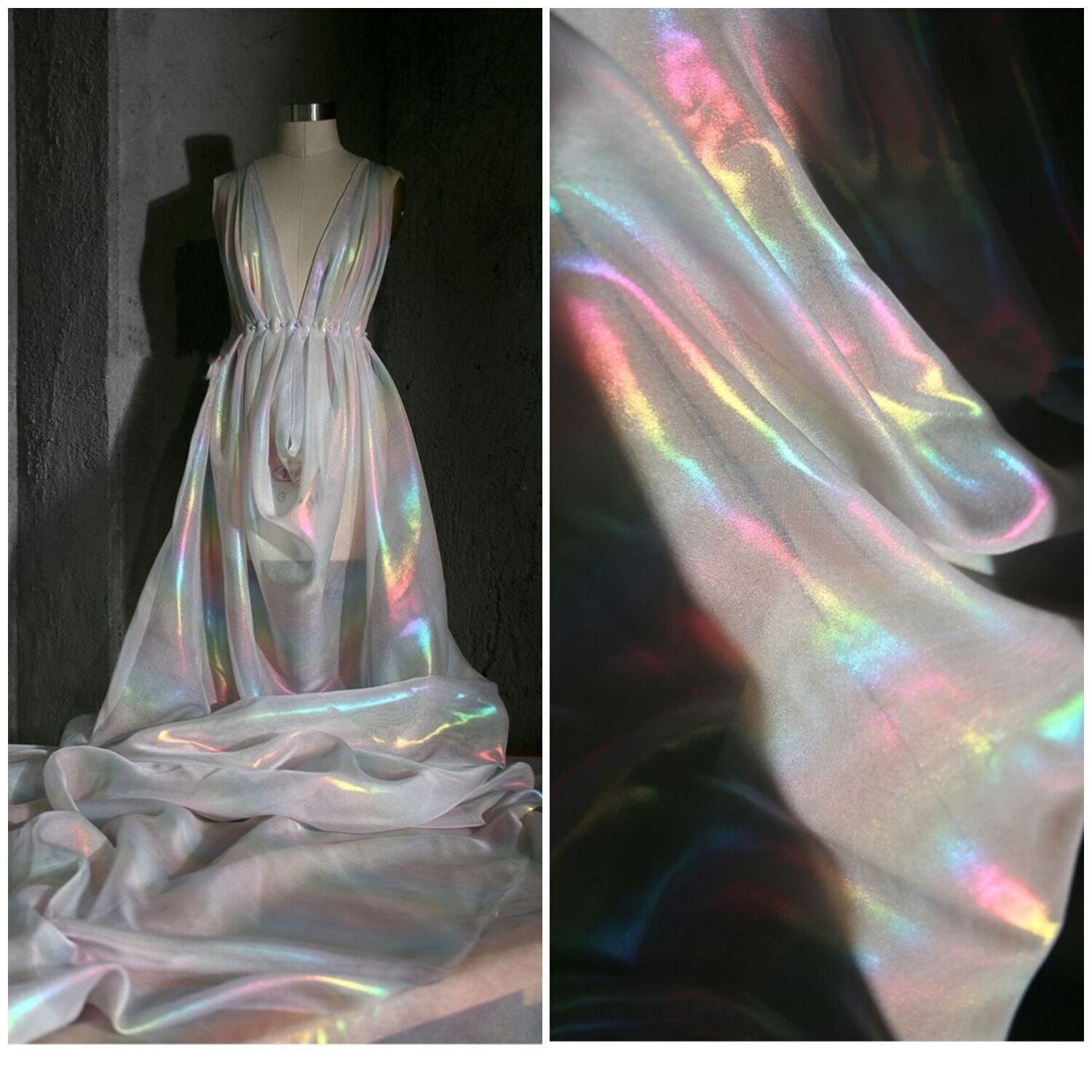 Ganeen 11 Yards Iridescent Fabric Organza Fabric Sheer 59 Inches Wide  Rainbow Laser Gradient Lace Holographic Gauze for DIY Dress Curtain Costume