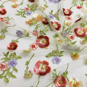 1 Yard 3D Floral Sequin Fabric,3D Flower Dress Fabric,Embroidery Mesh Sequin Fabric,Prom Dress Fabric,Vintage Wedding Dress Sequin Lace