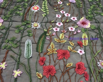 High Quality 1 Yard Floral Lace Fabric,3D Flowers on Mesh,Bridal Floral Dress Lace,Wedding Dress Fabric,Vintage Apparel Lace