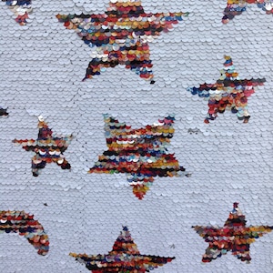 Stars&Moon Flip Sequin Fabric,Reversible Sequin Fabric with Rainbow Star on Mesh,Mermaid Sequin Fabric for Skirt Suit Dress Bag DIY Supplies