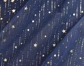 Navy Meteor Mesh Fabric,Gold Meteor Star Printed on Mesh Gauze,Party Decor,Bridal Dress Veil.Curtain Runner Halloween Cape,Party Home Decor