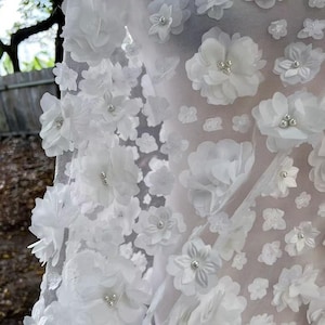 3D Floral Lace Fabric with Pearls,Off White Embroidery Flower Lace Fabric,Prom Party Evening Dress Fabric,Wedding Dress  Bridal Dress Gown