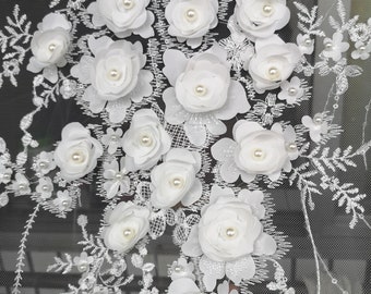 1 Yard 3D Flower Beaded Lace Fabric,White Pearl Wedding Dress Lace,Off White Flower Embroidery Bridal Wedding Dress,Floral Vintage Lace