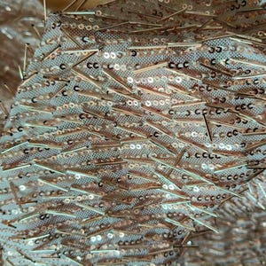 May include: A sheer fabric base in a light champagne tone, densely embellished with metallic rose gold sequins and thin, elongated rose gold bugle beads arranged in a scattered, multi-directional pattern across the entire surface.