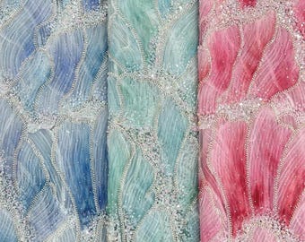 3D Ombre Red Pink Sequin Bead Lace Fabric,Ribbon Embroidery Mermaid Gradient Rainbow Pearls Lace for Bridal Prom Party Dress,Girl Gown Robe