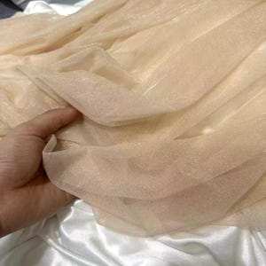 May include: A close-up of a sheer, light peach-colored fabric with a shimmering, textured surface. The fabric is draped and folded, creating soft shadows and highlights. The material appears delicate and lightweight, suitable for apparel or decorative purposes.