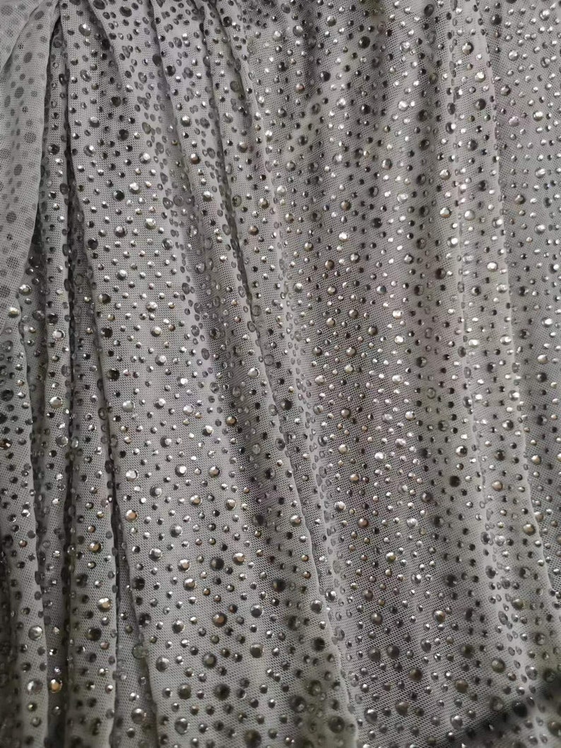 4Way Stretch Heavy Crystal Rhinestone Fabric,Crystal Silver Rhinestone Stick on Soft Tulle,Sparkle Bead Lace,Party Dress,Prom Party Dress image 8