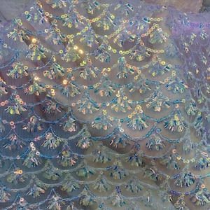 1Yard Iridescent Mermaid Sequin Fabric,Embroidery Sequin Mesh Lace,Mermaid Dress Tail,Prom Party Wedding Dress,Festival Cosplay Kimono Dress