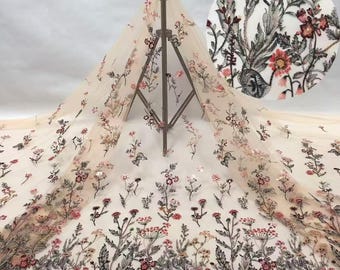 Colorful Floral Lace Fabric,Multi Color Threads Sequins were Embroidery in Soft Smooth Tulle,Bridal Wedding Dress Flower Veil,Bridal Cape
