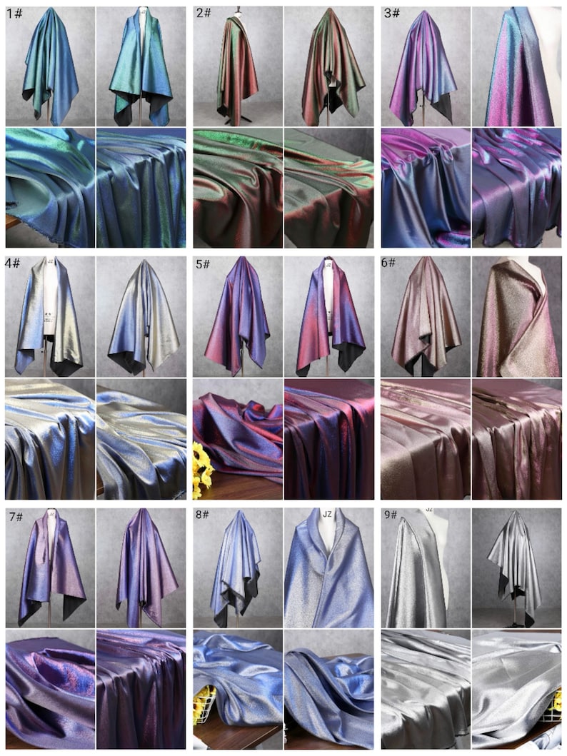 May include: Nine different iridescent fabrics in various colors, including blue, green, purple, and silver. Each fabric is draped over a mannequin or laid flat on a table. The fabrics have a shimmering, holographic effect.