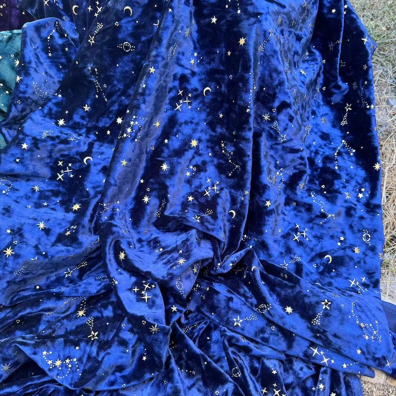 4Way Stretch Navy Starry Sky Velvet Fabric,Blue Soft Smooth Silk Diamond Velvet with Gold Star Moon Meteor,Velvet Pajamas,Jacket,Curtain image 9