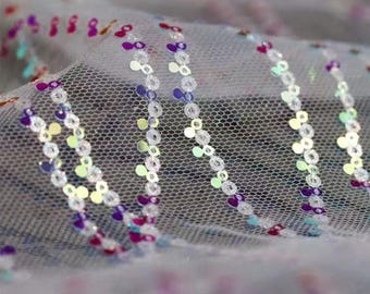 1Yard Wave Iridescent Sequin Lace,Gourd Iridescent Clear Sequins Embroidery on Mesh,Wedding Bridal Dress Gown Decor,Bridal Veil Gauze