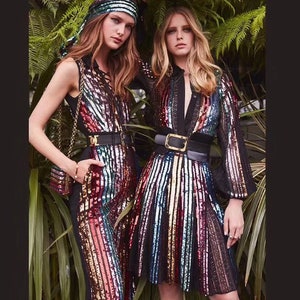 New!!High Quality 1 Yard Multicolor Sequin Fabric,Stripe Sequin Dress Fabric,Mix-6 Colors Sequins Embroidered on Mesh Fabric,