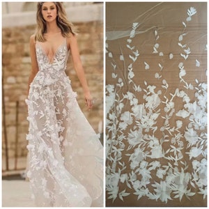 1 Yard 3D Flower Lace Fabric,Flora 0ff-White Lace,Blush Pink Lace,Bridal Dress,Wedding Dress,Embroidery Chiffon Lace Fabric,Prom Dress,