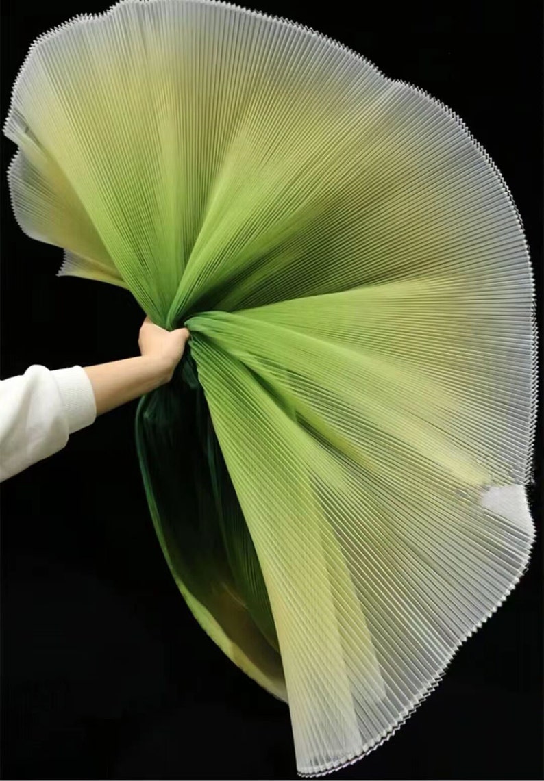 Peut inclure: Un tissu pliss&eacute; vert et blanc ombr&eacute; avec une texture transparente. Le tissu est pliss&eacute; en forme d'&eacute;ventail.