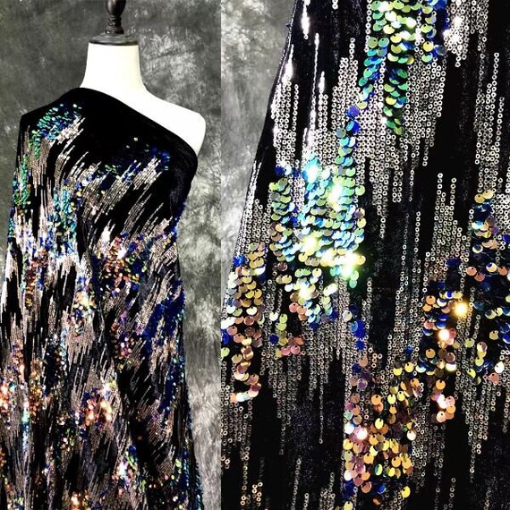 Ameri　GLITTER EMBROIDERY VELOUR LONG 1yard Iridescent Velvet Sequin Fabric,embroidery Sequin