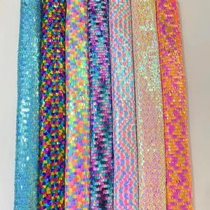 1 jard tkaniny z cekinami w kształcie jednorożca, holograficzna tkanina w kształcie prostokąta, tęczowa tkanina z cekinami na kimono, sukienkę imprezową, strój na festiwal muzyczny zdjęcie 5