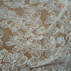 1 Yard High Quality Off-White Lace Fabric,Embroidery Big Flowers With Crystal Sequins Lace,Bridal Dress,French Lace,Wedding Dress Lace