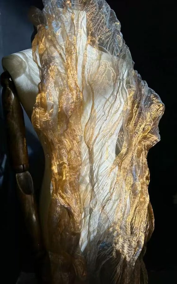 Gold Twisted irregular Pleated Fabric,Wrinkles Ruched Lace,Ruffle Texture  Skirt Bridal Dress,Girl Crinkle Dress,Design Clothing Material